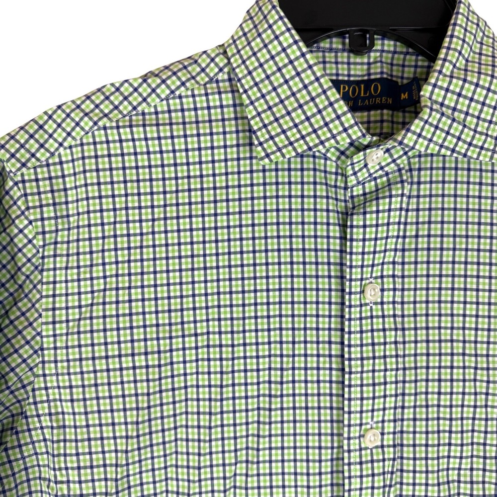 Polo Ralph Lauren Button Down Shirt Medium Gingham Green Blue Cotton Mens RL01